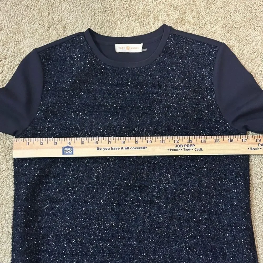 Tory Burch tinsel navy Blue Metallic Boucle Mixed Media Shift Dress‎